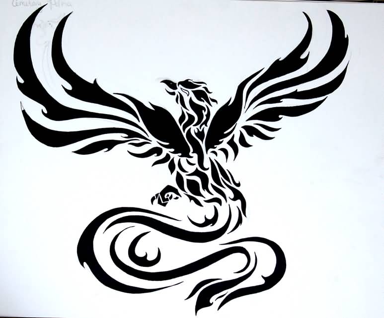 Cool Black Tribal Phoenix Tattoo Stencil