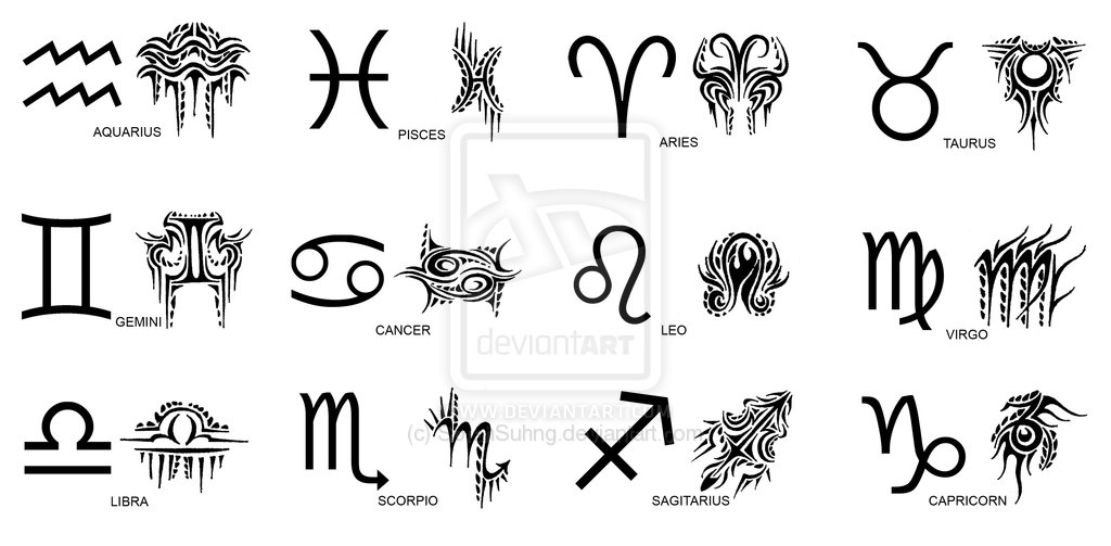 Cool Black Tribal Zodiac Sign And Symbol Tattoo Flash