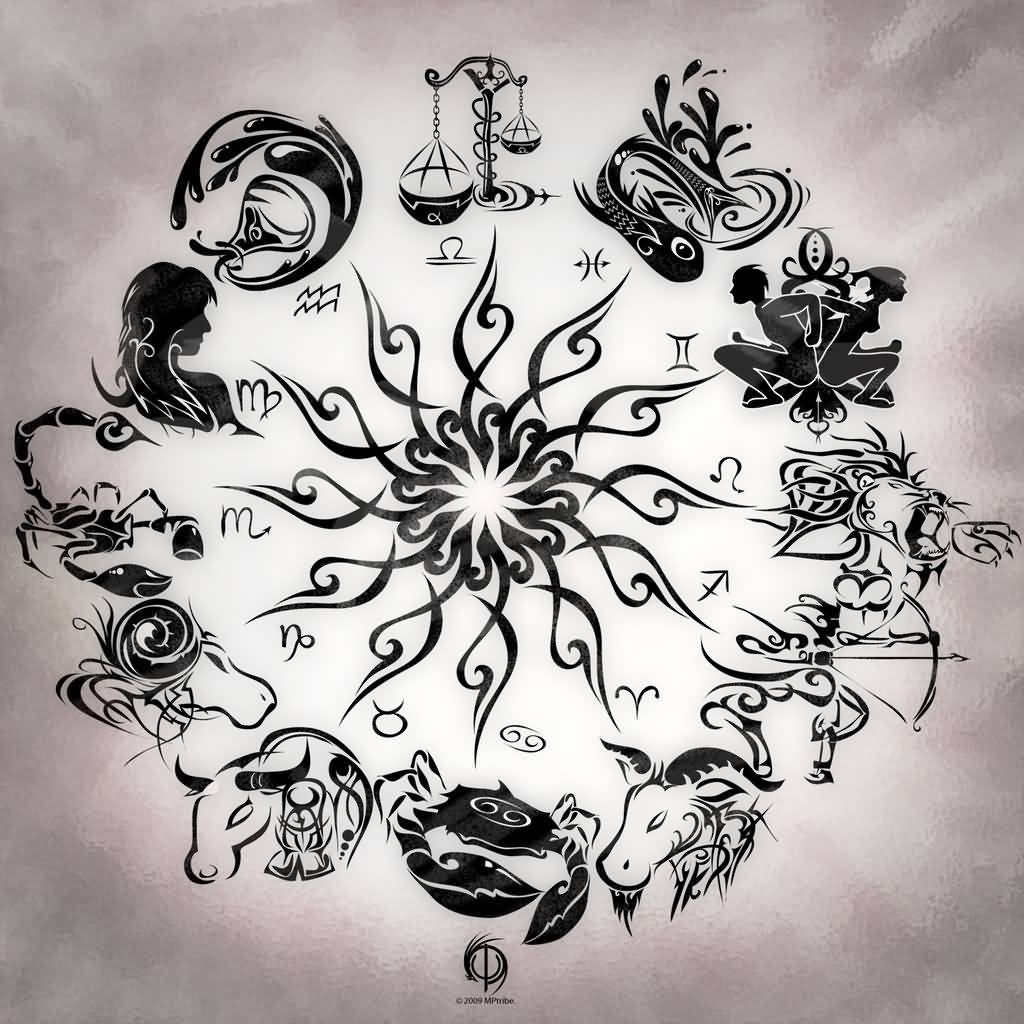 Cool Black Tribal Zodiac Sign Tattoo Designs