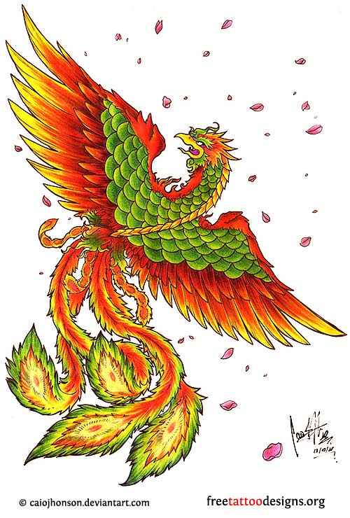 Cool Colorful Flying Japanese Phoenix Tattoo Design