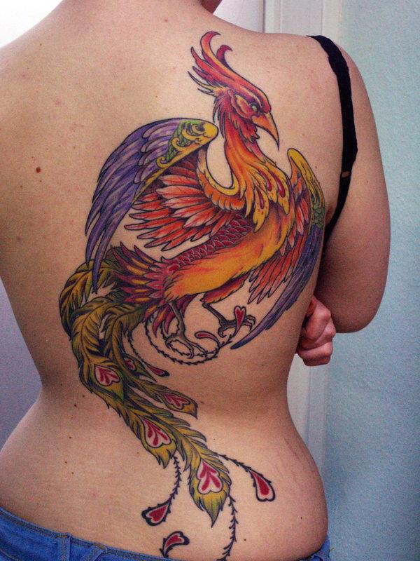 Cool Colorful Flying Japanese Phoenix Tattoo On Girl Full Back