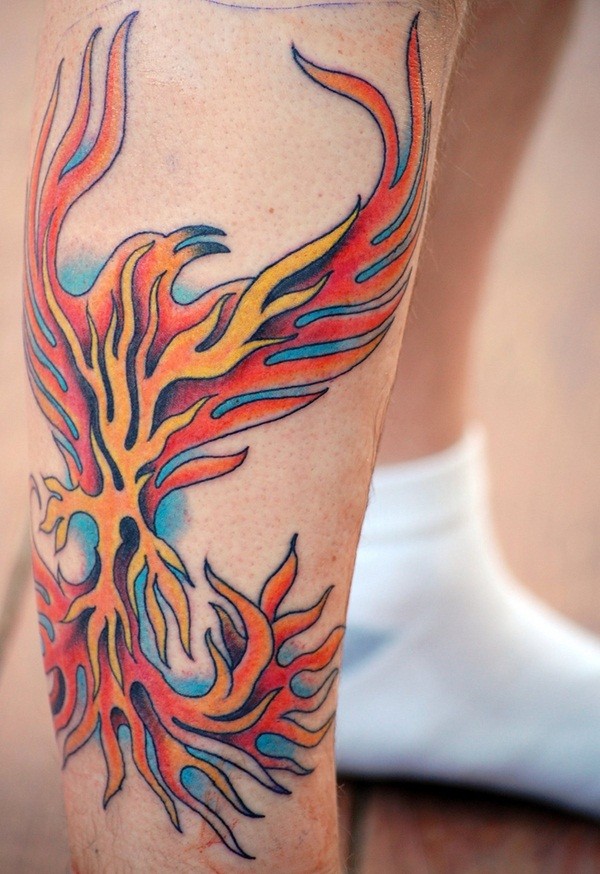 Cool Colorful Phoenix Tattoo Design For Leg