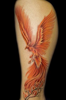 Cool Colorful Phoenix Tattoo On Leg