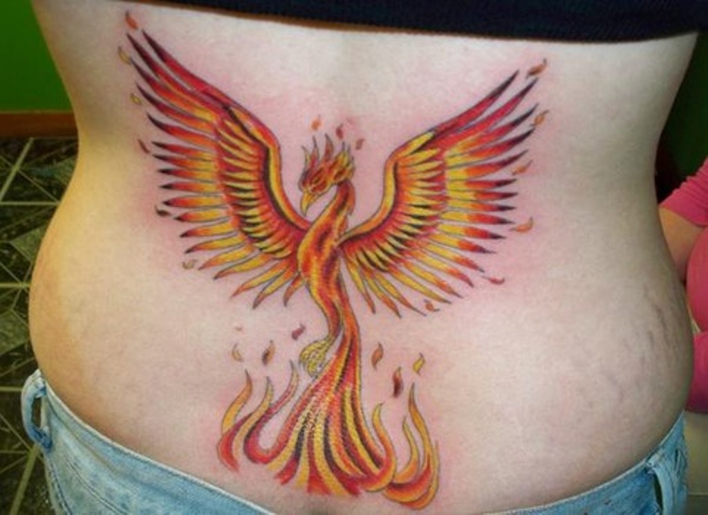 Cool Flying Phoenix Bird Tattoo On Lower Back