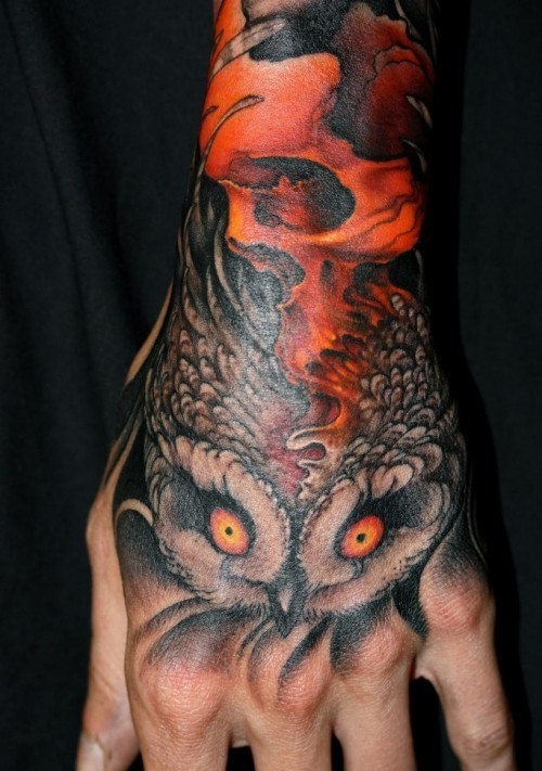 Cool Owl Face Tattoo On Left Hand