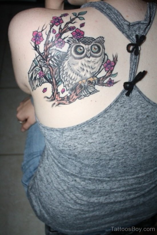 Cool Owl On Branch Tattoo On Girl Left Back Shoulder