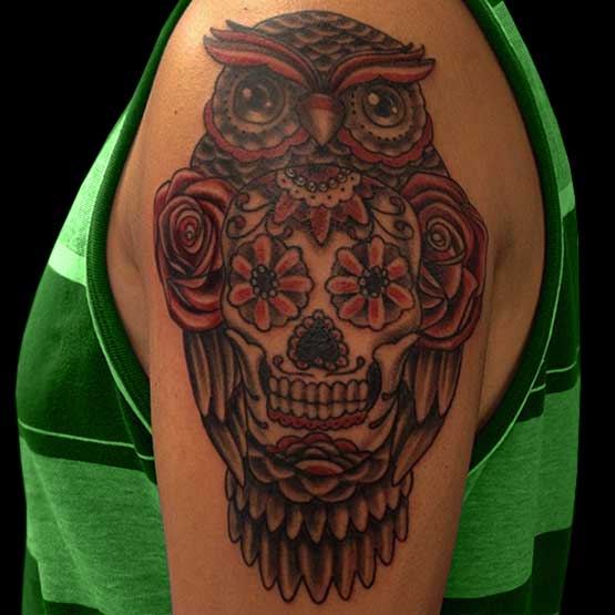 Cool Owl With Sugar Skull And Roses Tattoo On Left Half Sleeve