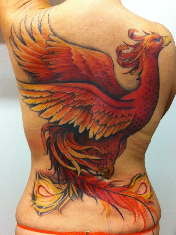 Cool Phoenix Tattoo On Girl Full Back