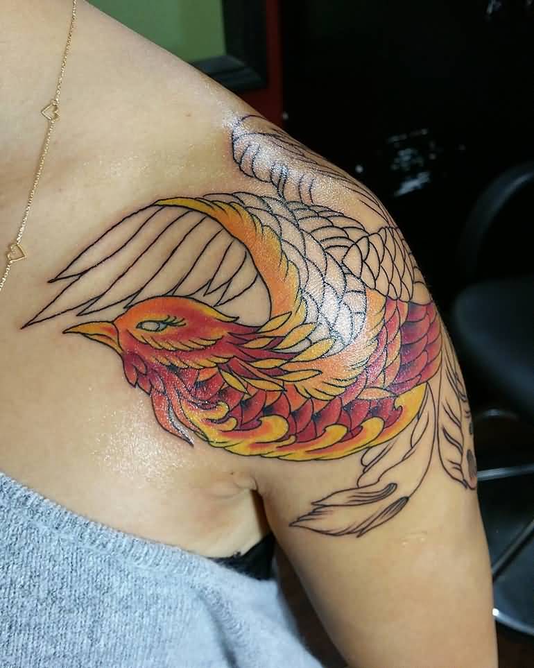 Cool Phoenix Tattoo On Girl Left Shoulder