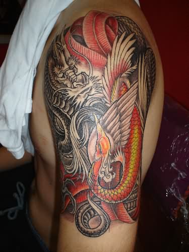 Cool Phoenix Tattoo On Man Left Half Sleeve