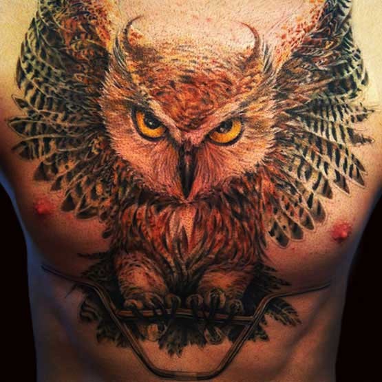 Cool Realistic Flying Owl Tattoo On Man Chest