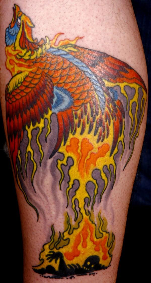 Cool Rising Phoenix From The Ashes Tattoo Design For Leg