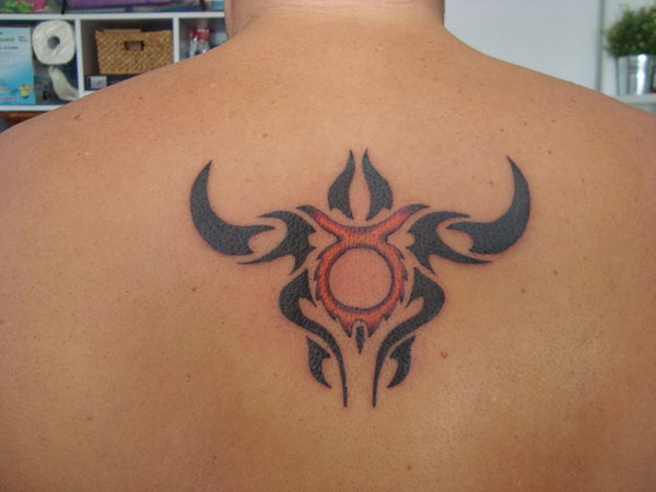 Cool Taurus Zodiac Sign Tattoo On Man Upper Back