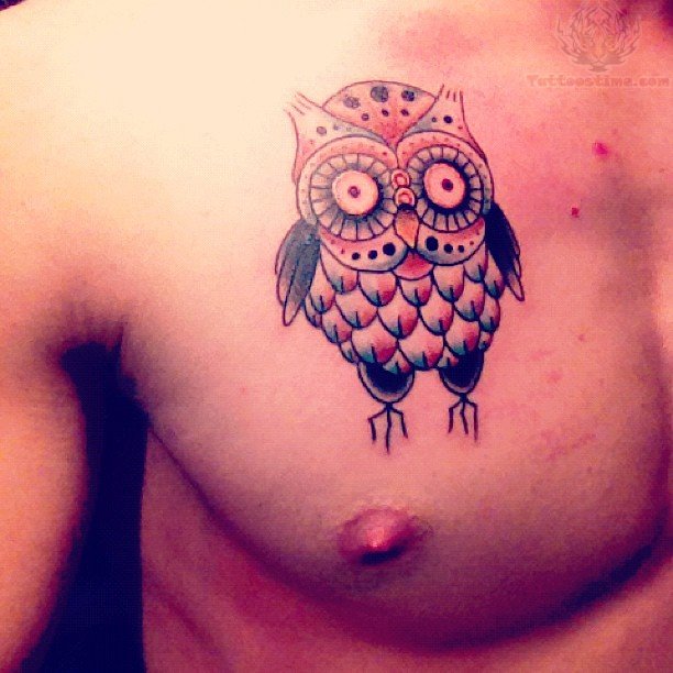 Cool Traditional Owl Tattoo On Man Right Chest