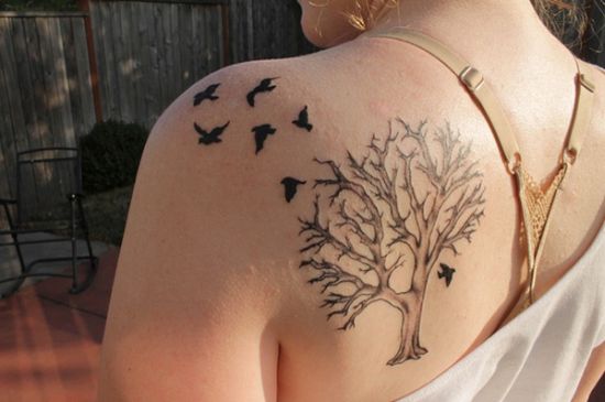 Cool Tree Of Life With Flying Birds Tattoo On Left Back Shoulder