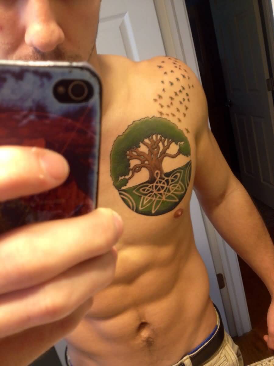Cool Tree Of Life With Flying Birds Tattoo On Man Left Front Shoulder