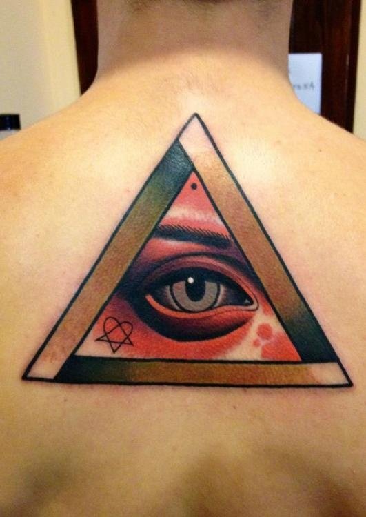Cool Triangle Eye Tattoo On Upper Back By Adrian Edek