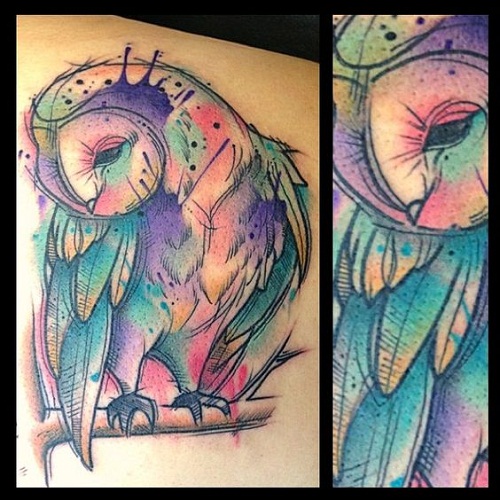 Cool Watercolor Owl Tattoo Design By Pat Bennett