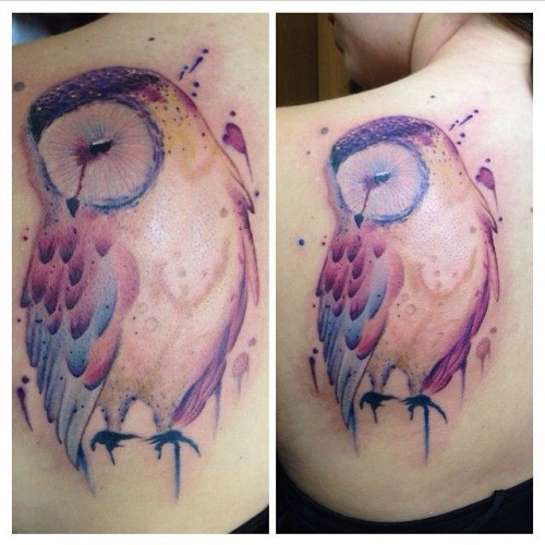 Cool Watercolor Owl Tattoo On Girl Left Back Shoulder