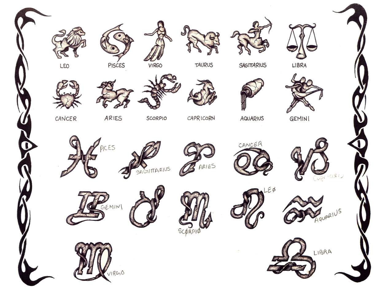 Cool Zodiac Sign And Symbol Tattoo Flash