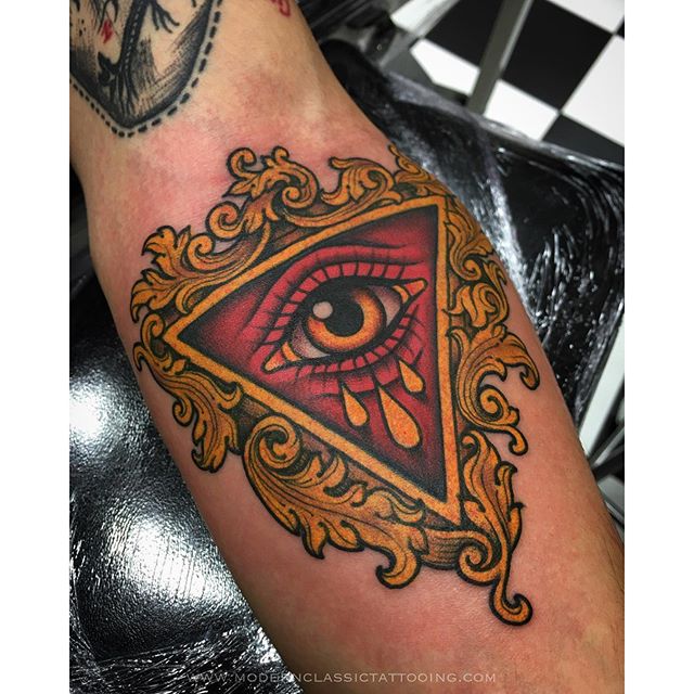 Crying Eye In Upside Down Triangle Frame Tattoo Design For Forearm