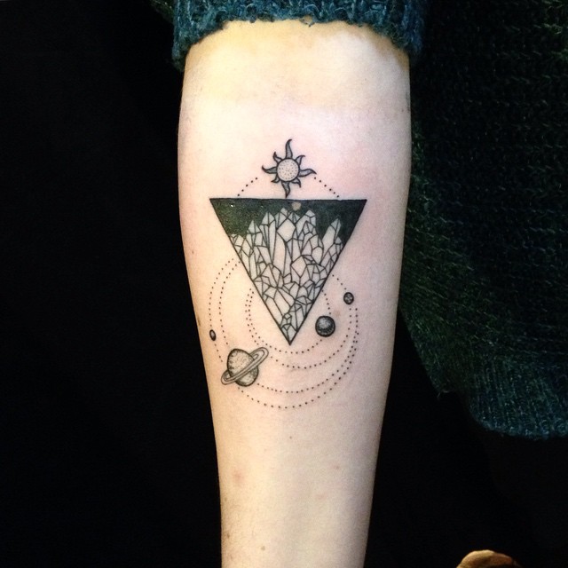 Crystals In Upside Down Triangle With Sun And Planets Tattoo On Forearm