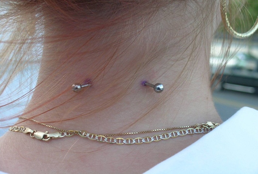 Curved Silver Barbell Back Neck Piercing Ideas