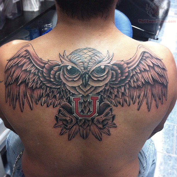 Cute Black And Grey Flying Owl Tattoo On Man Upper Back