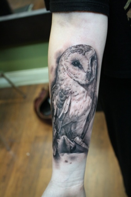 Cute Black And Grey Owl Tattoo On Right Forearm