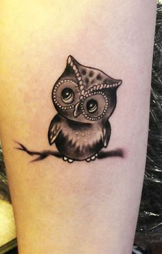 Cute Black Ink Baby Owl Tattoo Design For Forearm
