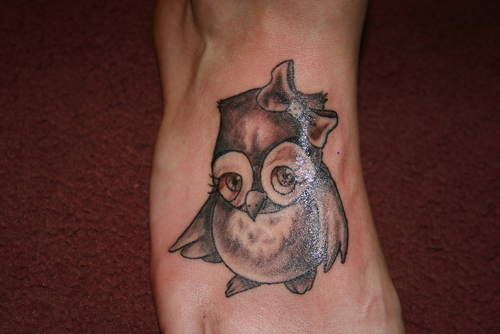 Cute Black Ink Baby Owl Tattoo On Right Foot By MeghanBeth