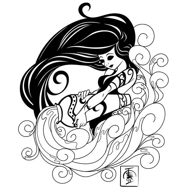 Cute Black Outline Aquarius Girl Zodiac Sign Tattoo Stencil