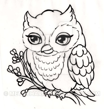 Cute Black Outline Baby Owl On Branch Tattoo Stencil By Metacharis