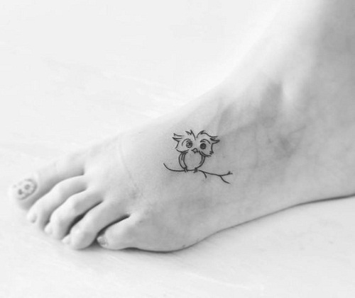 Cute Black Outline Small Owl Tattoo On Left Foot
