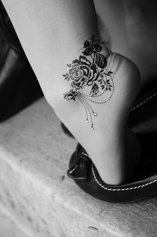 Cute Black Rose Tattoo On Foot