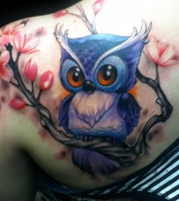 Cute Blue Ink Owl Bird On Branch Tattoo On Left Back Shoulder