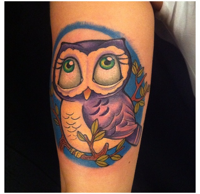 Cute Colorful Baby Owl Tattoo Design For Sleeve
