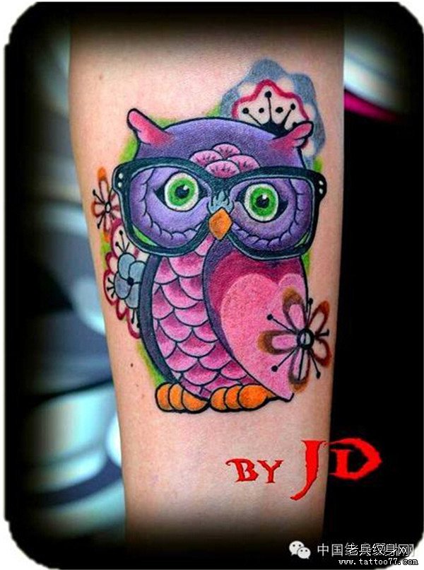 Cute Colorful Owl Tattoo Design For Forearm