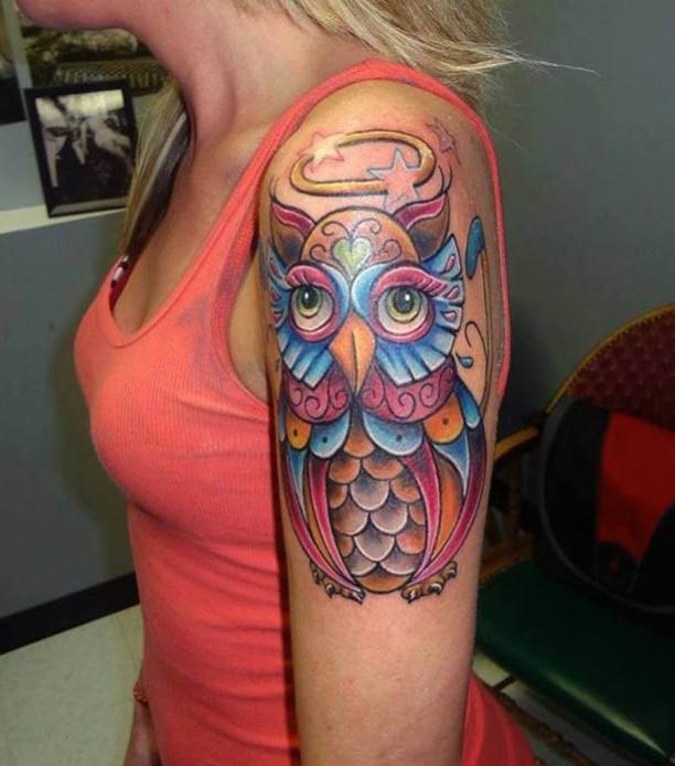 Cute Colorful Owl Tattoo On Girl Left Upper Arm