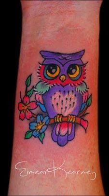 Cute Colorful Owl With Flower Tattoo On Forearm