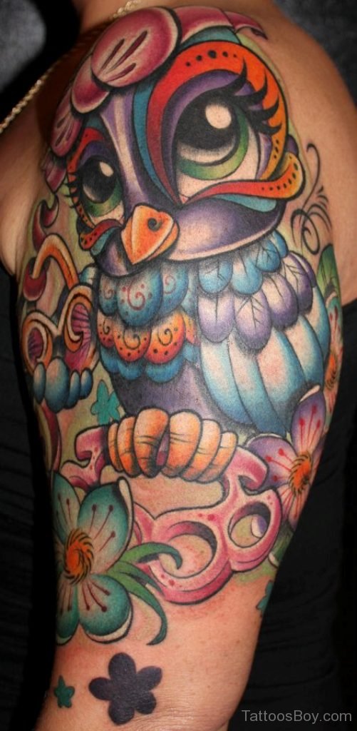 Cute Colorful Owl With Flowers Tattoo On Left Half Sleeve