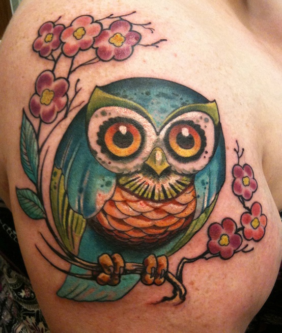 Cute Colorful Owl With Flowers Tattoo On Right Shoulder