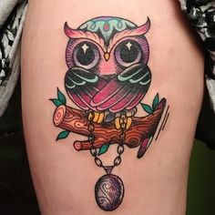 Cute Colorful Owlet On Branch Tattoo Design For Thigh