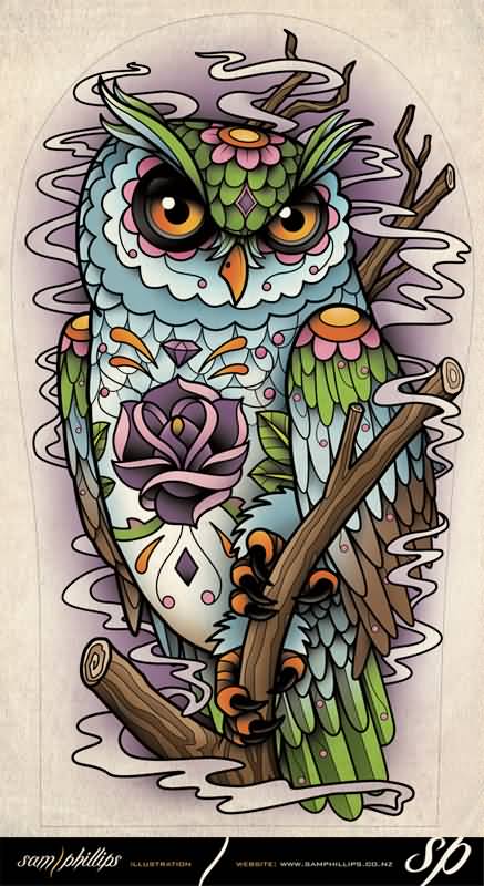 Cute Colorful Traditional Owl Tattoo Design