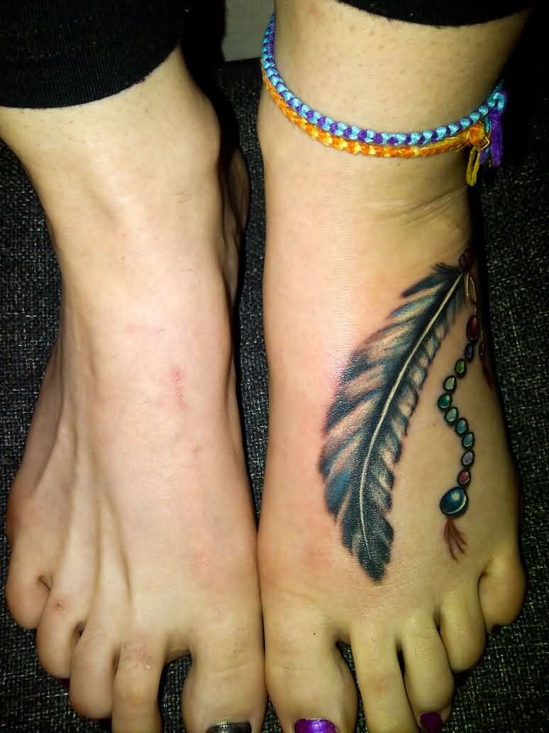 Cute Feather Tattoo On Girl Left Foot
