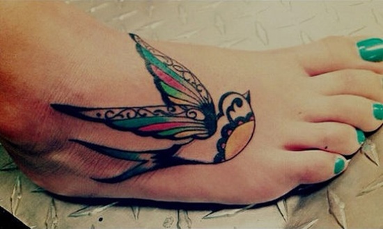 Cute Flying Swallow Tattoo On Right Foot