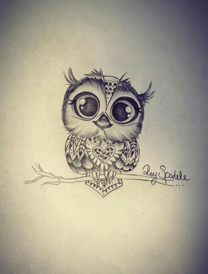 Cute Grey Ink Baby Owl Tattoo Design
