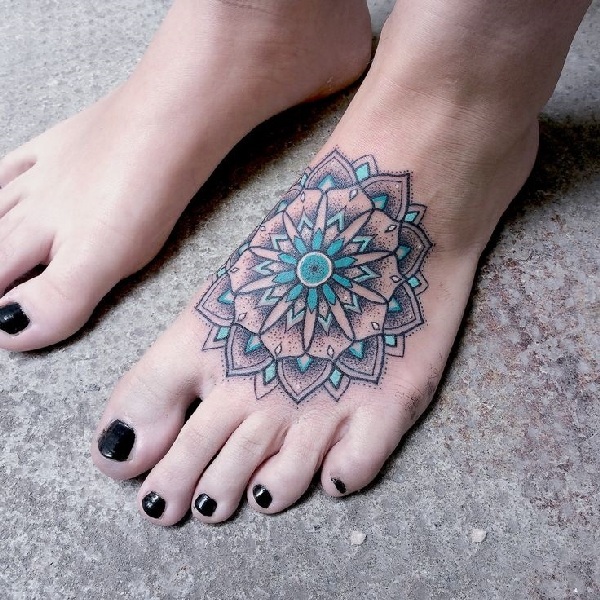 Cute Mandala Flower Tattoo On Girl Left Foot