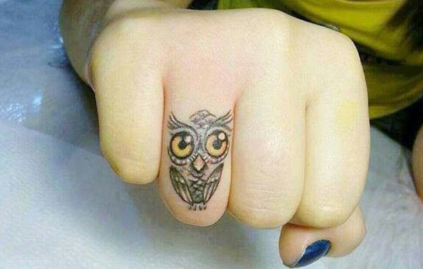 Cute Owl Tattoo On Girl Right Finger