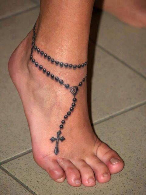 Cute Rosary Cross Tattoo On Ankle